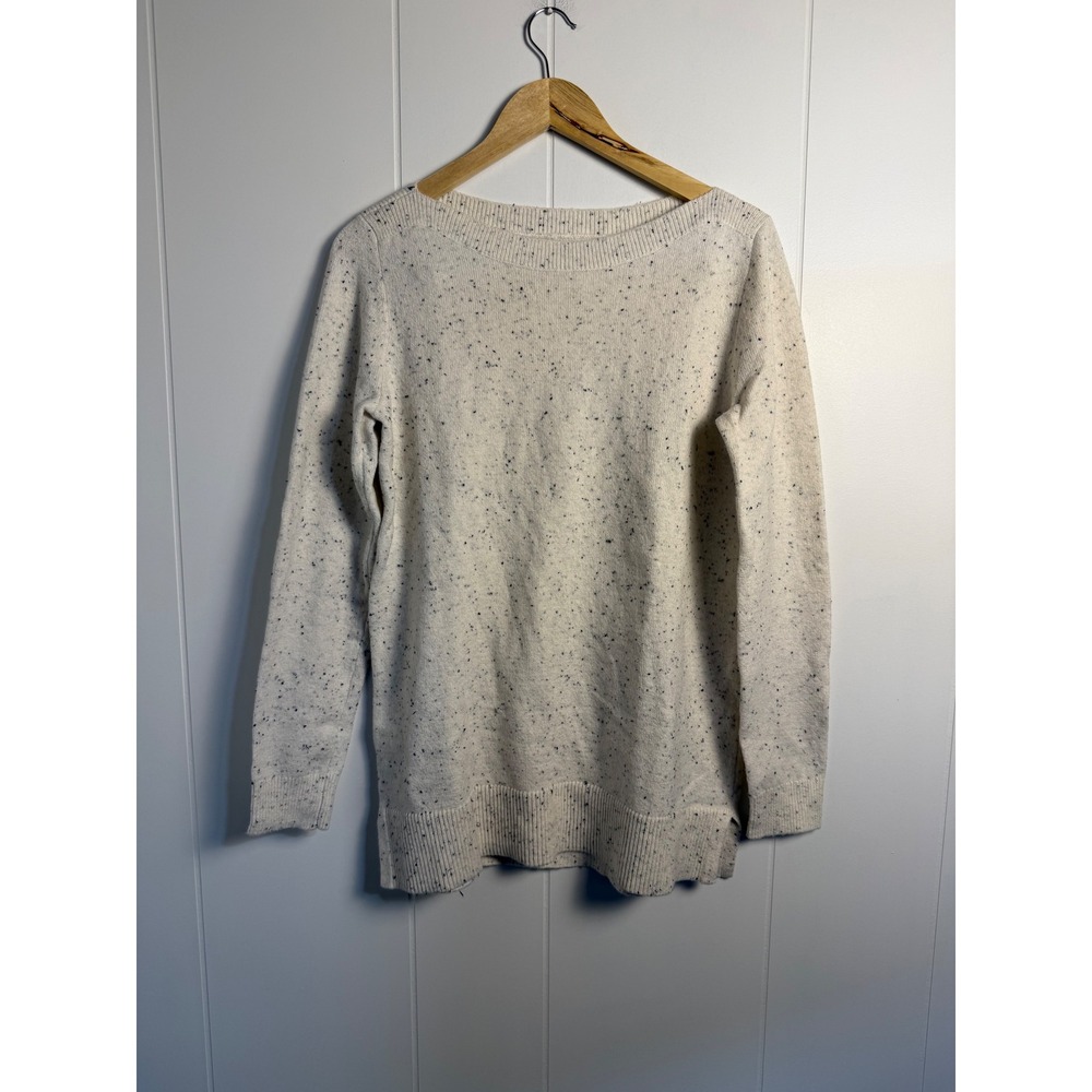 LOFT Sweater Size M Cream Speckled Boat Neck Long Sleeve Tunic Split Hem